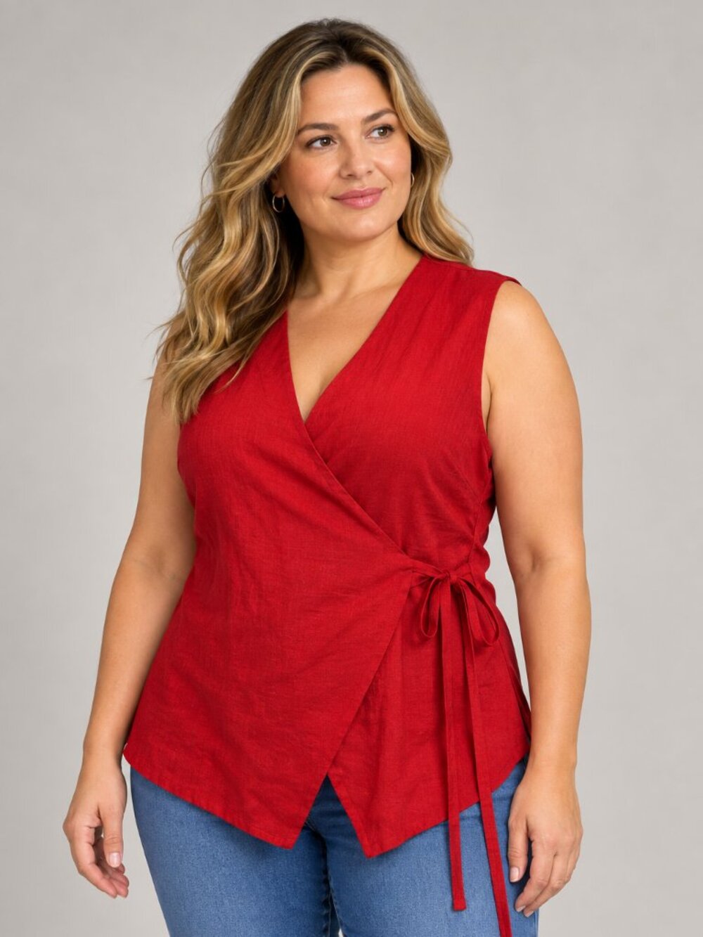 Petal + Pup XL Red Wrap Top V Neck Sleeveless Tie Waist 100% Cotton Blouse